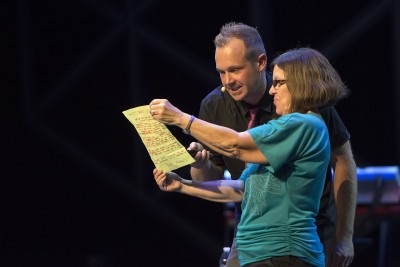Sheila on stage with Jim Munroe at Cru15